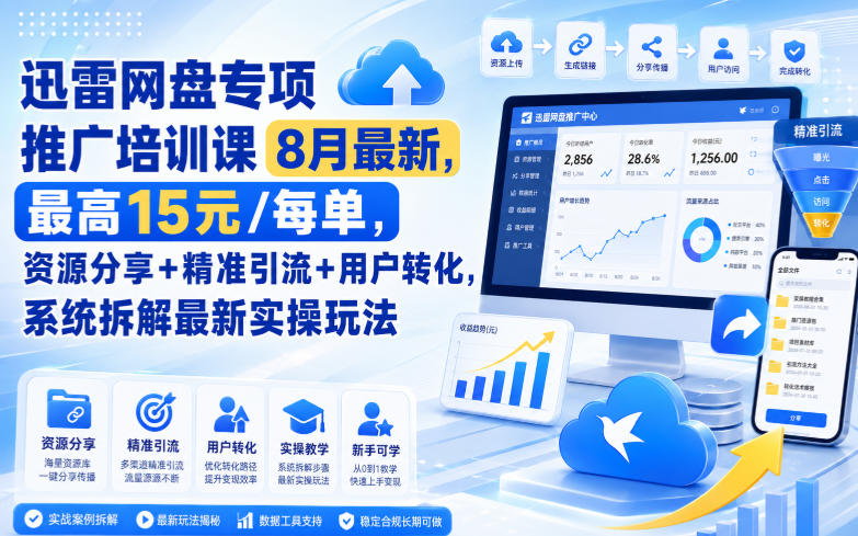 迅雷网盘专项推广培训课9月最新，最高15米/每单，资源分享+精准引流+用户转化，系统拆解最新实操玩法(更新0915)